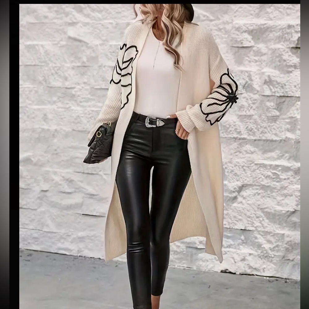 Elegant Long Sleeve Midi Floral Pattern Open Front Cardigan for Fall & Winter,